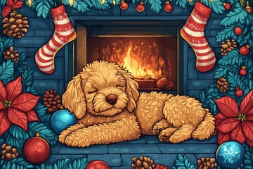 christmas puppy illustration, cozy christmas dog doodle by the fireplace, with festive decorations like stockings and candy canes, creating a warm scene