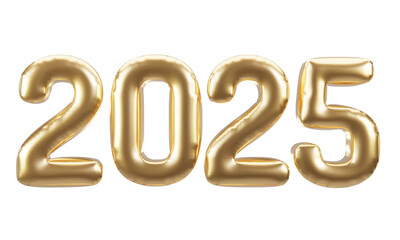 Happy new year 2025 metallic gold foil balloons. 3D render Golden Helium balloons 2025.