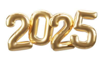 Happy new year 2025 metallic gold foil balloons. 3D render Golden Helium balloons 2025.
