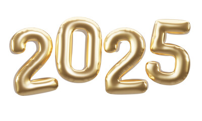 Happy new year 2025 metallic gold foil balloons. 3D render Golden Helium balloons 2025.