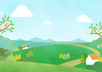 Fototapeta premium background illustration grass field and houses