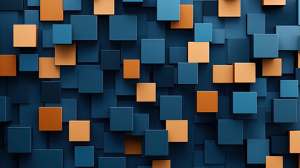 Abstract 3D geometric pattern with interlocking orange and blue square blocks on a blue background, creating a modern and dynamic visual effect.