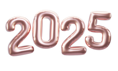 Happy New Year 2025 metallic rose gold foil balloons. 3D render Rose gold Helium balloons 2025.