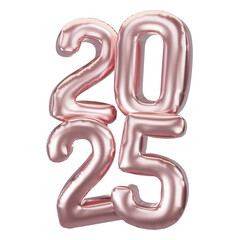 Happy New Year 2025 metallic rose gold foil balloons. 3D render Rose gold Helium balloons 2025.