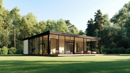 A modern cube-shaped house with large glass walls, featuring a contrast between black