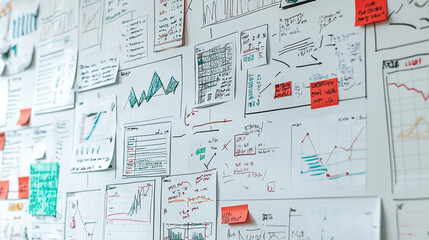 A whiteboard covered with notes summarizing key points from a productive month, featuring sketches and charts.