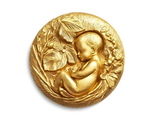 A beautiful gold relief sculpture of a sleeping baby surrounded by nature, symbolizing innocence and tranquility.