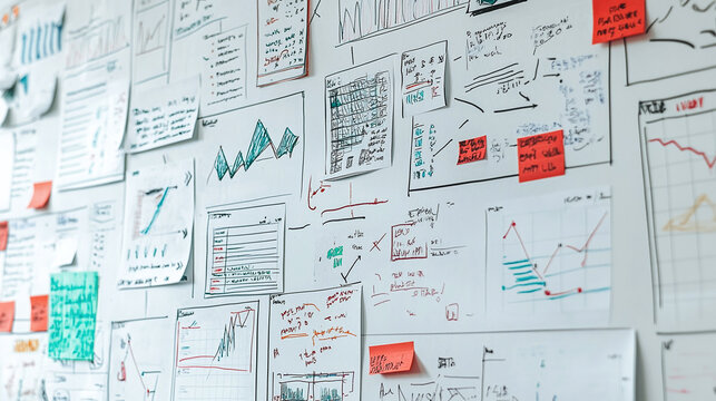 A whiteboard covered with notes summarizing key points from a productive month, featuring sketches and charts.
