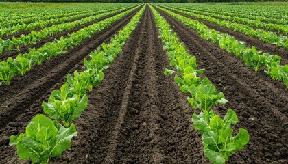 Rows of Green Vegetables Growing in a Farm Field