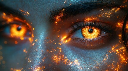 This close-up image captures a mesmerizing eye with fiery orange details and a shimmering facial texture, showcasing an abstract and creative visual effect.