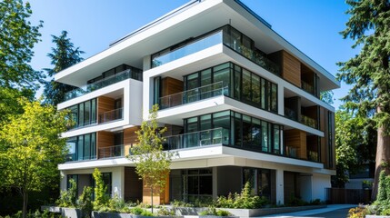 Obraz premium A modern, multi-story apartment building with a sleek, minimalist design. The building has large