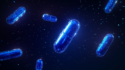 A collection of blue capsules floating in a dark space, representing pharmaceutical innovation and health science, emphasizing the importance of medication in modern medicine.