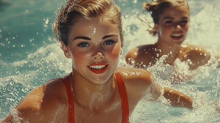vintage illustration of a couple of swimmers in classic swim attire captured midaction evoking nostalgia and the joy of summer activities by the water