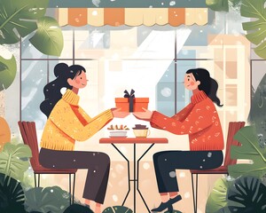 Two friends joyfully exchanging gifts in a cozy cafe setting, surrounded by lush greenery and warm ambiance.