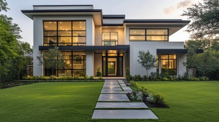 A modern two-story home with a boxy design, featuring large windows and a clean, minimalistic