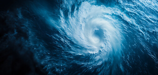 A powerful hurricane swirling over the ocean, showcasing dramatic blue and white waves.
