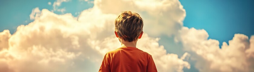 A young child gazes upward at a bright sky filled with fluffy clouds, evoking a sense of wonder and exploration.