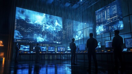 A hydrometeorological team analyzing rainfall data on multiple interactive displays in a dimly-lit lab, advanced software tools showing animated precipitation patterns and cloud movements,