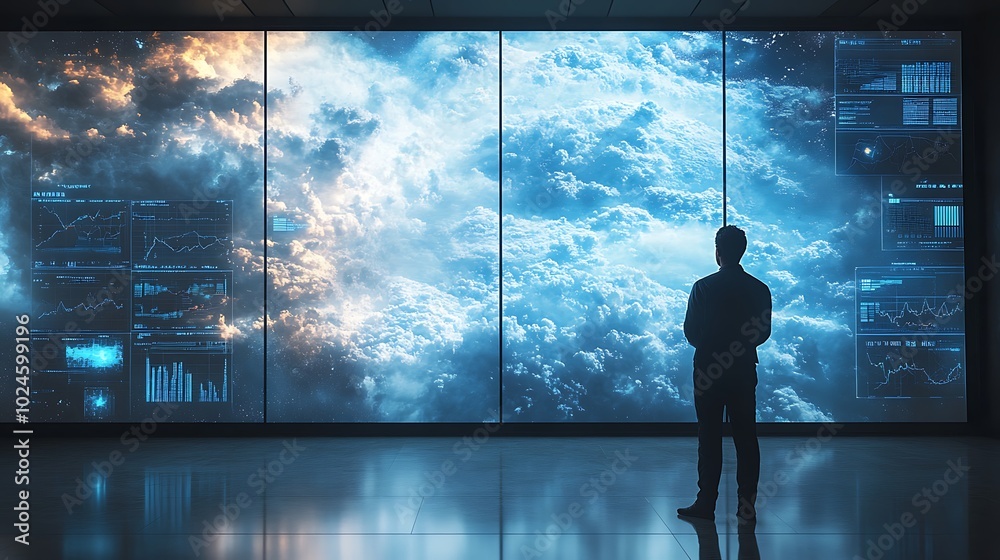 Wall mural a meteorological scientist observing satellite feeds of global weather changes on an expansive digit