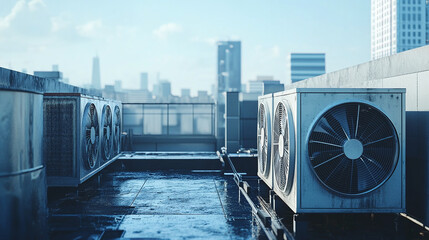 Naklejka premium Industrial chillers atop a hi-tech factory, set against a futuristic city backdrop with fresh air.