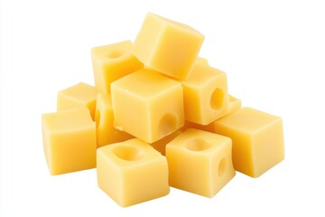 A pile of yellow Swiss cheese cubes, each with characteristic holes, stacked together