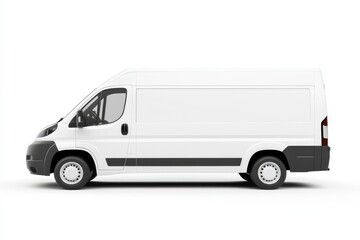 A plain white delivery van with a clean, smooth surface. The van is parked in profile, showcasing