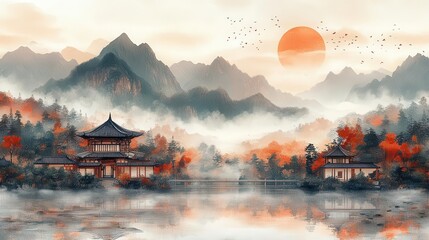 Obraz premium vintageinspired japanese illustration featuring serene landscapes and traditional motifs designed for room decor evoking a sense of nostalgia and cultural richness