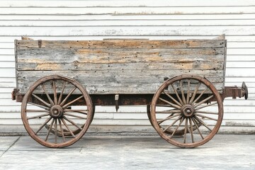 Obraz premium A rustic, weathered wooden wagon with sturdy iron-rimmed wheels, suggesting a historical