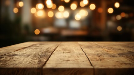 A rustic wooden table surface with visible grain and texture in the foreground