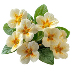 Fototapeta premium Yellow primrose flower PNG, isolated on transparent background. Bright yellow petals with natural texture and green leaves, showcasing the delicate beauty of the primrose flower