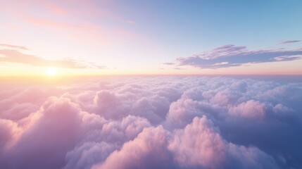 A scenic view from above the clouds at dawn or dusk. The sky is a gradient of blues and purples