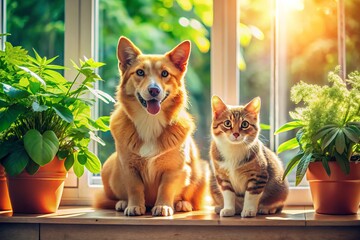 Red Cat and Dog Together by Window - Cute Pets in Harmony