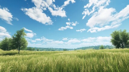 Fototapeta premium A serene, expansive meadow with tall grass and scattered trees under a blue sky filled with light