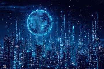 Urban Nightscape with Futuristic Blue Moon 