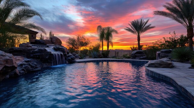 A serene backyard pool with a natural, freeform design. The pool is surrounded by desert