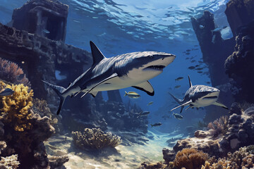 Obraz premium Sharks patrolling a coral reef with swarms of fish around the coral structures.
