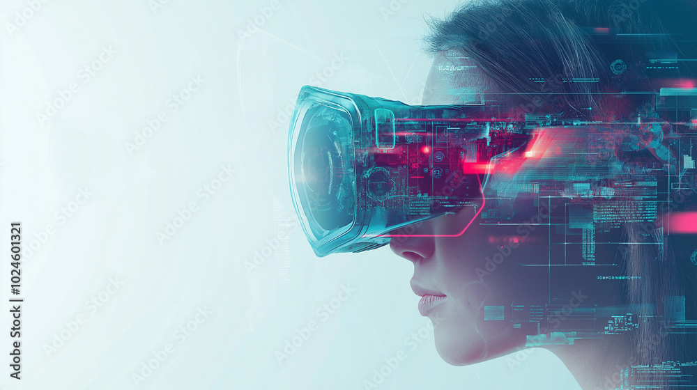 Poster girl in hi-tech vr glasses with elements of artificial intelligence. background in a high-tech style