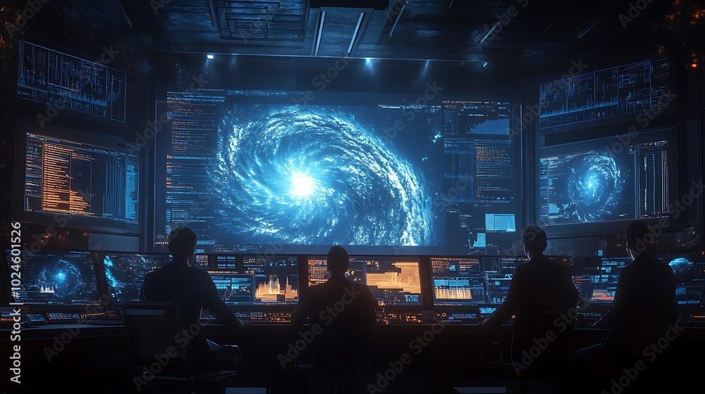 Wall mural a team of meteorological experts using interconnected digital screens to evaluate satellite data and