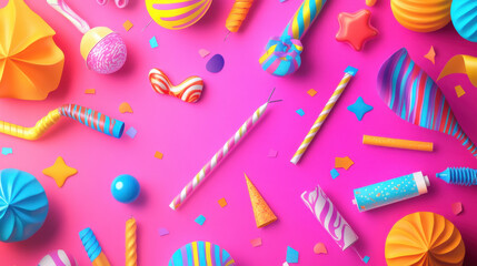 Colorful birthday celebration with a cake, balloons, and presents in a cheerful setting