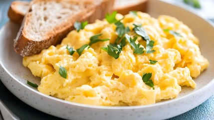 A plate of scrambled eggs, garnished with fresh herbs and served with toast