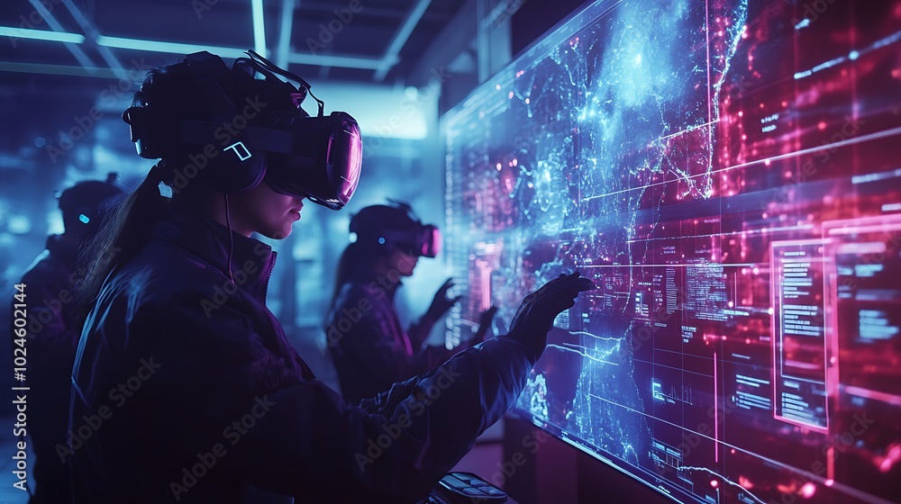 Wall mural a team of meteorologists in a tech-centric lab, using vr headsets to track storm intensity and cloud