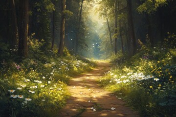 Obraz premium A sunlit path through a lush forest, dotted with white wildflowers, leading towards a bright, dappled light.