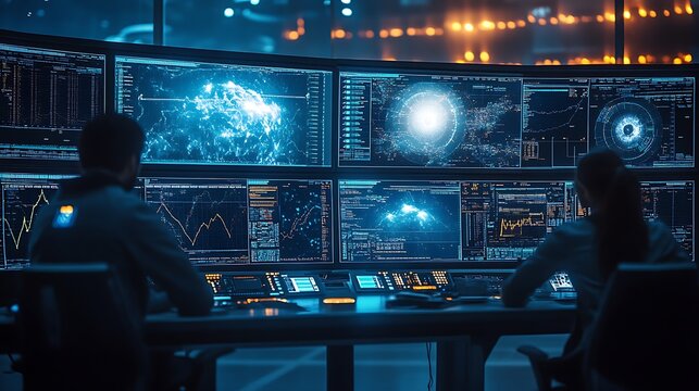A team of meteorological experts tracking weather trends using satellite imagery in a modern control center, dynamic data overlays and animated weather models on multiple screens, futuristic design,