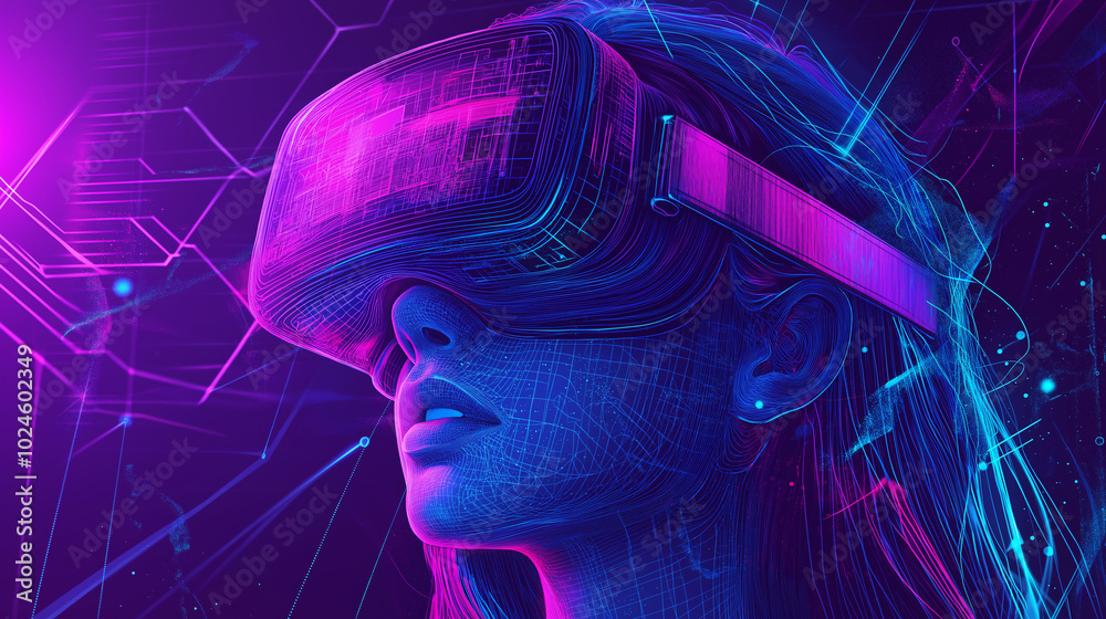 Poster girl in hi-tech vr glasses with elements of artificial intelligence. background in a high-tech style