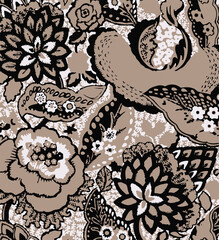 Big flowers pattern, upscale floral pattern. graphical textures floral, trendy colors pattern , flowers background with leaves. vector illustration,tropical,monochrome