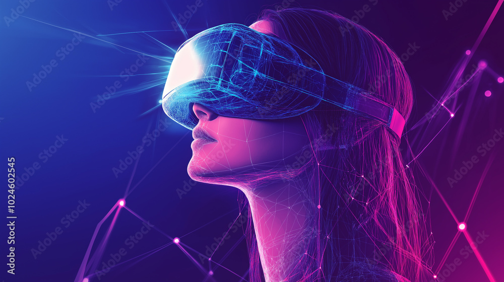Poster girl in hi-tech vr glasses with elements of artificial intelligence. background in a high-tech style