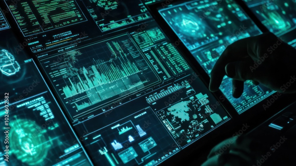 Poster A Hand Interacts with a Screen Displaying Data and Graphs