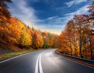 Fototapeta premium A versatile background image perfect for adding a touch of autumnal charm to your designs, featuring a winding road and colorful foliage