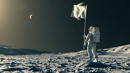 Astronaut celebrating success on moon landscape