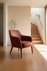 Fototapeta premium Terra cotta accent armchair in spacious room with steps and stucco wall. Minimalist, japandi interior design of modern living room.
